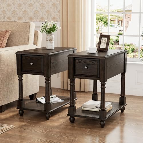 Set of 2 Narrow Open End Table with Drawer, Solid Wood Side Table 2-Tier Skinny Table with Storage Shelves Slim Nightstand Small Sofa End Table for Living Room Bedroom-Antique Black 004BK - color: Antique Black, size: Set of 2