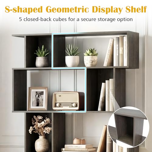 GOFLAME 5-Tier Geometric Bookshelf, 62” Tall Bookcase with 10 Open Back & Closed Back Cubes, Modern Display Book Shelf, S-Shaped Storage Organizer for Living Room, Home Office (1,Gray Oak) - color: Gray Oak