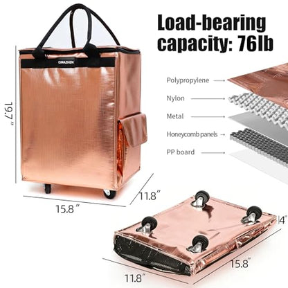 Reusable Grocery Bag Tote Bag with Wheels, Foldable Rolling Tote Bag with 3 Handles and Zipper - color: Rose Gold, size: Medium
