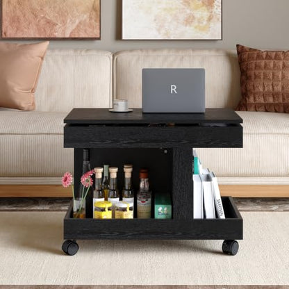 Multifunctional End Table with Wheels and 360° Rotating Desktop | Rolling Design, Storage Compartment, Sofa Side Narrow Table, Bedside Use, Living Room & Bedroom - color: Black-7.15