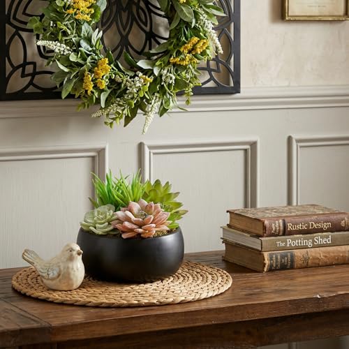 MyGift Mini Artificial Succulent in Pot, Fake Plant Arrangement in Black Ceramic Planter Bowl - color: Black