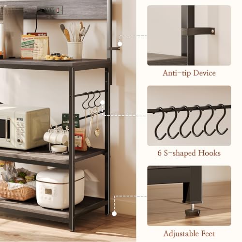 SUPERJARE Bakers Rack with Power Outlets, Microwave Stand, 39.4 X 14.3 Inch Larger Desktop, Kitchen Storage Rack with Adjustable Middle Shelf, 6 S-Shaped Hooks, Coffee Bar Stand, Grey - color: Charcoal Gray, size: 39.4inch