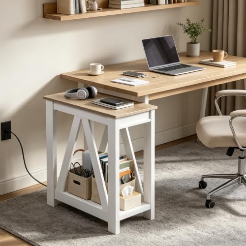 WLIVE Farmhouse End Tables Living Room, Narrow Side Table with Charging Station, Slim End Table, Side Table for Bedroom, Small Spaces, 2 USB and 2 Power Outlets, 11.8" D x 23.6" W x 23.74" H - color: Greige
