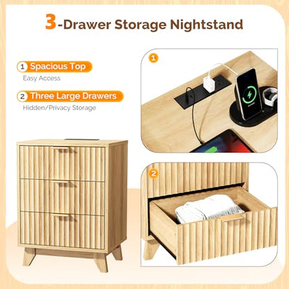 VINGLI Fluted Nightstand with Charging Station, 3 Drawer Nightstand Oak Modern Night Stand for Bedroom, Fluted Bedside Table/End Table/Side Table, 17.72" W*13.78" D*23.62" H, 1 pc - color: Oak, size: 17.7"W-3 Drawer
