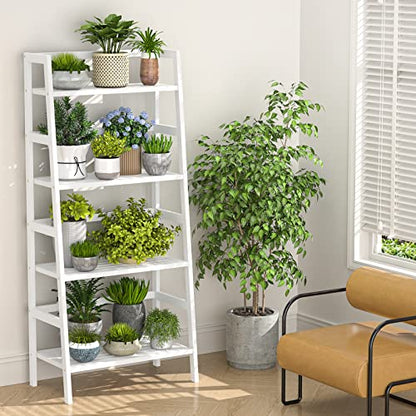 Homykic Ladder Shelf, 4-Tier Bamboo Ladder Bookshelf, 49.2” White Book Shelf, Open Bookcase Freestanding Plant Stand for Small Space, Bathroom, Living Room, Bedroom, Home Office - color: White
