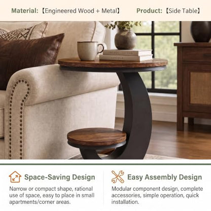 Tribesigns Round End Table with 2-Tier Shelf Storage,C Shaped Wood Side Table for Couch with Metal Frame,Modern Nightstand Accent Table for Living Room,Bedroom,Small Space (Brown) - color: Brown