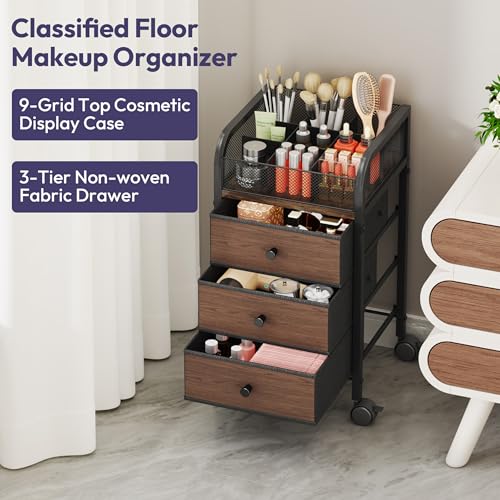 SWTYMIKI Rolling Makeup Organizer Cart - Under Desk Vanity Makeup Storage with 3 Non-woven Drawers, Nail Cart Organizer Cosmetic Display Cases Cabinet for Skin Care Perfume Nail Polish Brush Hair Tool
