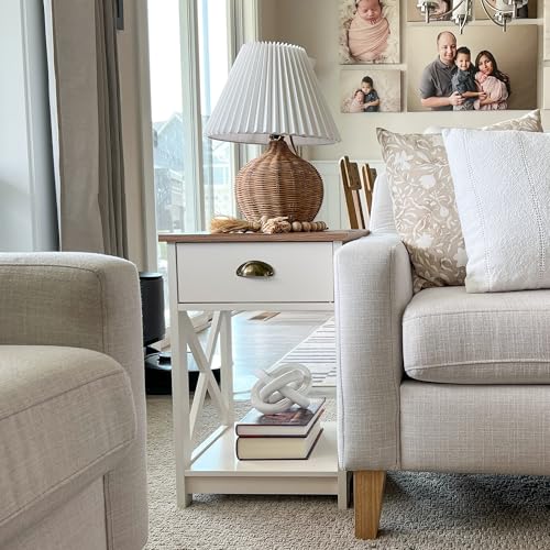 PHI VILLA End Table Living Room Set of 2 - Farmhouse Bedroom Nightstands Small Bedside Table, Ivory White Side Table - color: Ivory 1
