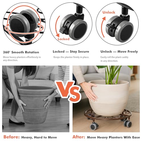 3 Pack Plant Caddy with Wheels Heavy Duty 11.8 Inches Metal Plant Stand with Wheels Plant Dolly Rolling Plant Stand Plant Roller with Casters for Indoor and Outdoor (3, Bronze) - color: Bronze