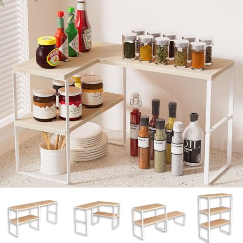 Kitchen Counter Organizer, Countertop Shelf, Adjustable, Stackable | Kitchen Countertop Organizer, Spice Rack, 2-Tier Countertop Shelves, Corner Desk Shelf, Corner Counter Shelf, Natural Beige - color: Natural Beige, size: Medium Standard