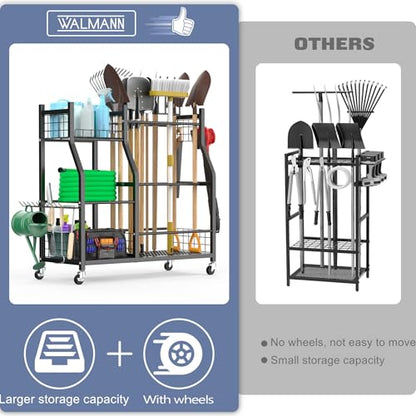 WALMANN Garden Tool Organizer with Wheels for Garage, Large Storage Capacity, Rakes/Shovels/Yard Tools Storage Stand for Shed, Garden, Indoor/Outdoor Long-Handled Tools Rolling Cart - style: Large-stand