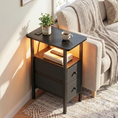 LOAKEKEL Narrow Nightstand with Charging Station, End Tables Living Room | Set of 2, Skinny Side Table with 2 Fabric Drawers, Small Sofa Table with LED Light for Bedroom, Black - color: Black, style: Power + Light