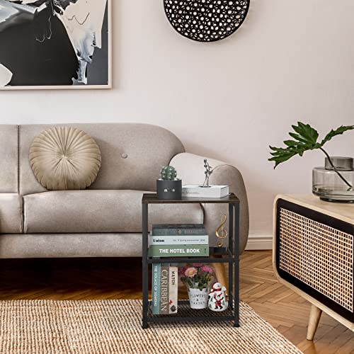 MOOACE 3 Tier End Table with Wheel, Rolling Kitchen Cart Storage Shelf | Small Side Table Nightstand, Kitchen Utility Cart Table Stand for Bedroom Living Room Office Balcony - color: Brown