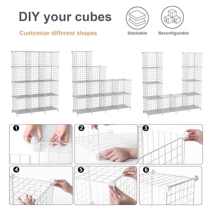 12-Cube Storage Organizer, Metal Wire Cube Shelving Unit, 11.8" L x 11.8" W x 11.8" H, Modular Grid Bookshelf for Closet, Bedroom, Office, White ATTJL12W - color: White
