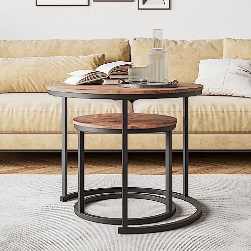 HOJINLINERO Round Nesting Coffee Table Set of 2,Small Coffee Table,Brown | Center Table for Living Room,Small Apartment,Small Space,Stacking Side Tables,Sturdy Easy Assembly,Rustic Brown Wood Tabletop - color: Brown, size: Small