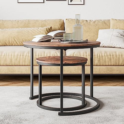 HOJINLINERO Round Nesting Coffee Table Set of 2,Small Coffee Table,Brown | Center Table for Living Room,Small Apartment,Small Space,Stacking Side Tables,Sturdy Easy Assembly,Rustic Brown Wood Tabletop - color: Brown, size: Small