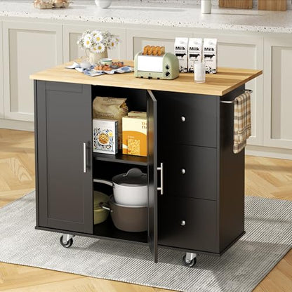 Shintenchi Kitchen Island with Folding Drop Leaf, Rolling Island Table with Storage, Kitchen Cabinet on Wheels with Seating Area for Kitchen, Bar Cart with Cabinet, Black - color: Black