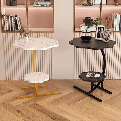 2 Layers Flower Shape Marble Texture Small C-Shaped SideTable,Snack Side Table, End Table for Sofa Side Table,Bedside Table for Living Room Kitchen Garden Bedroom - color: White+black