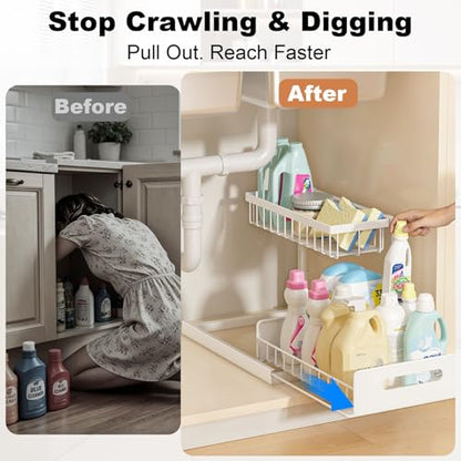 REALINN Under Sink Organizer, Pull Out Cabinet Organizer, 2 Tier Metal Slide Out Shelf with L Shaped Design for Kitchen, Bathroom, Laundry, and Utility Cabinet Storage for Deep Cabinets, White, 2 Pack | Slide Out Under Cabinet Storage, For Kitchen and Bat