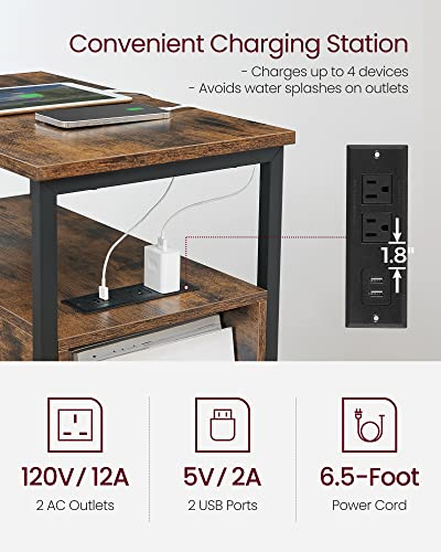 VASAGLE Side End Table with Charging Station, Slim Nightstand with 2 Drawers, Narrow Bedside Table for Living Room, Small Spaces, Rustic Brown and Ink Black ULET321B01 - color: Rustic Brown + Ink Black, size: 23.6"D x 13.8"W