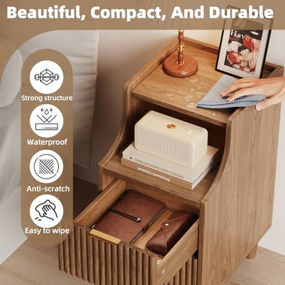 Narrow Nightstand Set of 2,11.8" Fluted Bedside Table Set of 2, Slim Side End Table with 2 Drawers, Wooden Bedside Table, Mid Century Modern Night Stand for Bedroom Livingroom Sofa Office - color: Walnut,11.8" With 2 Drawers