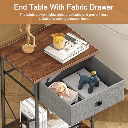 VECELO End Tables, Modern Nightstand with Fabric Drawer & Open Shelf, Night Stand for Bedroom Living Room, Industrial Metal Frame, Easy Assembly, Rustic Brown,2 Pack - color: Rustic Brown, size: 2 PACK