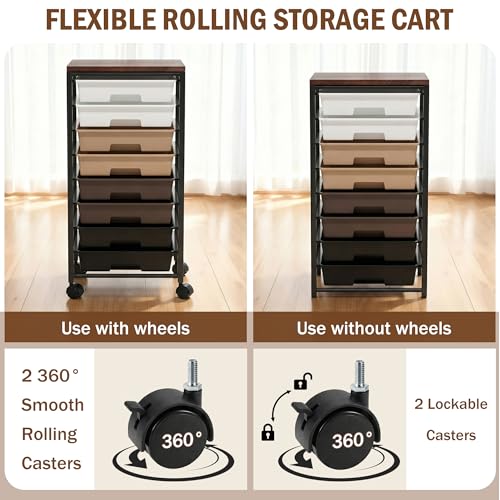 Rolling Cart with 8 Drawers, Storage Drawers Cart with Wooden Tabletop and Lockable Wheels, Craft Storage for Living Room, Office, Classroom, Craft Room, Bedroom (Brown) - color: Brown