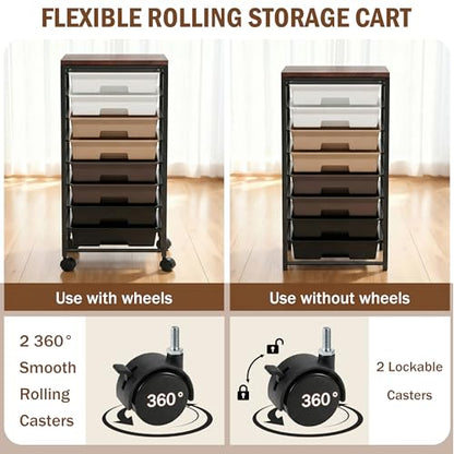 Rolling Cart with 8 Drawers, Storage Drawers Cart with Wooden Tabletop and Lockable Wheels, Craft Storage for Living Room, Office, Classroom, Craft Room, Bedroom (Brown) - color: Brown