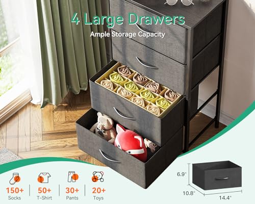 AODK Small Dresser for Bedroom with 4 Storage Drawers, Dark Grey | Dressers Chest of Drawers Fabric Dresser with Sturdy Steel Frame, Dressers for Closet with Wood Top - color: Dark Grey