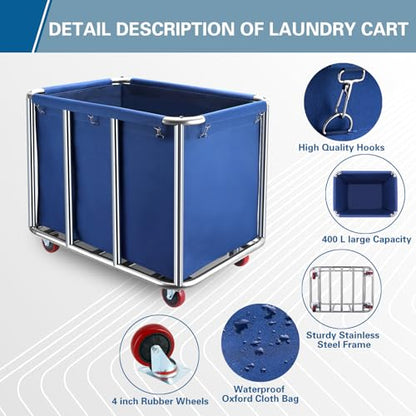 Commercial Laundry Cart with Wheels,400L Large Commercial Laundry Hamper,Commercial Laundry Basket with Sturdy Stainless Steel Frame and Oxford Bag for Home Hotel Hospital 440 lbs (Blue) - color: Blue