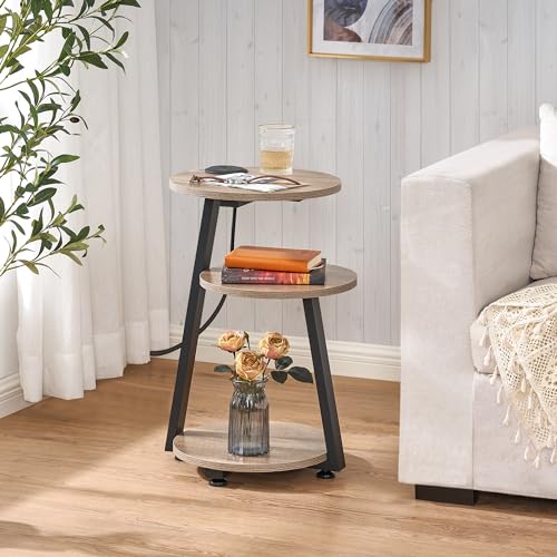 BEWISHOME Round End Table with Charging Station, Side Accent Table with 3-Tier Shelves, Small Couch Table for Living Room Greige KTZ51G - color: Beige, size: with PowerOutlet