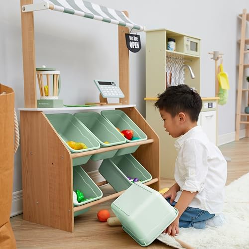 Teamson Kids Little Helper Wooden Farmer's Market Stand with Pretend Cash Register and 6 Plastic Storage Bins, Green, TD-13638A-AMZ | Pretend Grocery Store Playset, Cash Register Toy, 6 Storage Bins, Awning, Ages 3+ - style: Market Stand w/ Storage