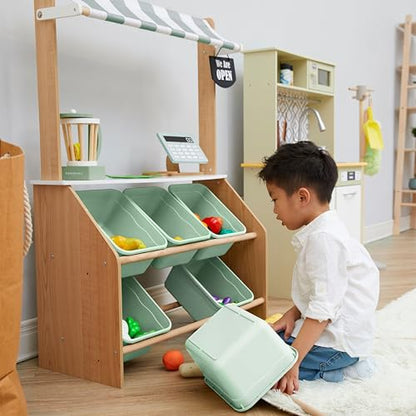 Teamson Kids Little Helper Wooden Farmer's Market Stand with Pretend Cash Register and 6 Plastic Storage Bins, Green, TD-13638A-AMZ | Pretend Grocery Store Playset, Cash Register Toy, 6 Storage Bins, Awning, Ages 3+ - style: Market Stand w/ Storage