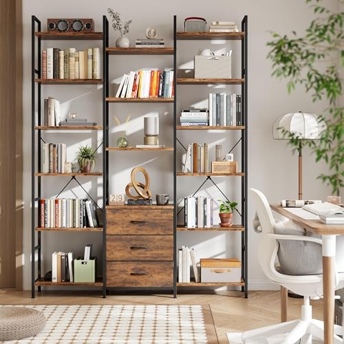 AFLUI Triple Bookshelf with 3 Fabric Drawers, 6-Tier Book Shelf and 10 Display Shelves, Industrial Large Bookcase for Home & Office, Rustic Brown, 47'' Wide - color: Rustic Brown, size: 6 Tier(47" W)