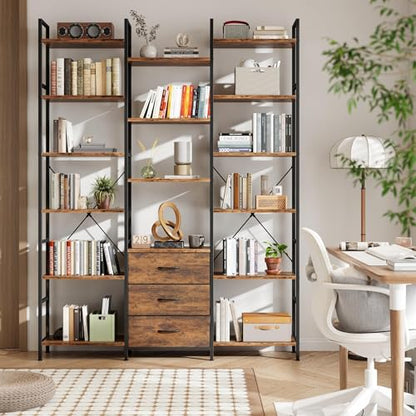AFLUI Triple Bookshelf with 3 Fabric Drawers, 6-Tier Book Shelf and 10 Display Shelves, Industrial Large Bookcase for Home & Office, Rustic Brown, 47'' Wide - color: Rustic Brown, size: 6 Tier(47" W)