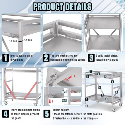 2 Shelf Rolling Cart with Wheels, 660lbs Capacity Collapsible Steel Rolling Utility Cart, Heavy-Duty Foldable Workbench, Metal Rolling Storage Cart with Handle for Groceries, Warehouse (36" Lx26 W) - color: Plate 660lbs Capacity