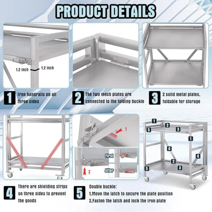 2 Shelf Rolling Cart with Wheels, 660lbs Capacity Collapsible Steel Rolling Utility Cart, Heavy-Duty Foldable Workbench, Metal Rolling Storage Cart with Handle for Groceries, Warehouse (36" Lx26 W) - color: Plate 660lbs Capacity