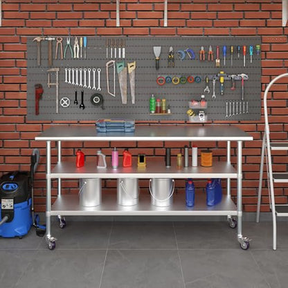 AmGood Stainless Steel Work Table with 2 Shelves and Casters | Metal Utility Table On Wheels (Stainless Steel Work Table with 2 Shelves + Casters, 72" Long x 24" Deep) - size: 72" Long x 24" Deep