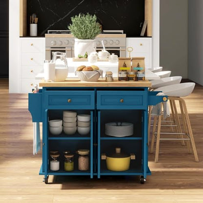 HOMCOM Kitchen Island Cart with Solid Wood Top, 44" Mobile Kitchen Island Table on Wheels with Storage Cabinets, 2 Drawers, Adjustable Shelves, Spice Rack & Towel Bar for Dining Room, Turquoise - color: Turquoise