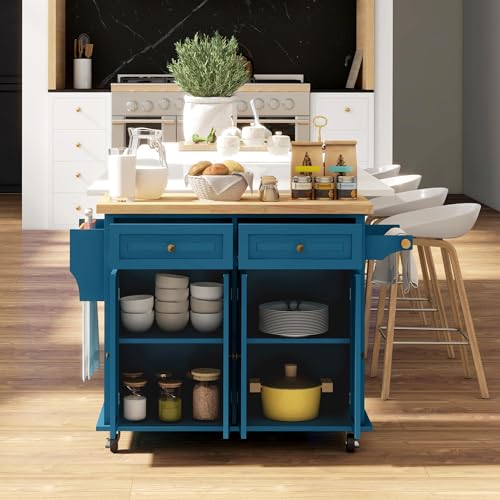 HOMCOM Kitchen Island Cart with Solid Wood Top 44" Mobile Turquoise | Kitchen Island Table, on Wheels, Storage Cabinets, 2 Drawers, Adjustable Shelves, Spice Rack & Towel Bar, for Dining Room - color: Turquoise