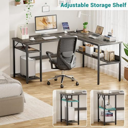 Reversible L Shaped Gaming Desk with Power Outlets and USB Charging Ports, Sturdy Computer Desk with Storage Shelf, Modern Corner Desk Home Office Table, Easy to Assemble, Gray Oak