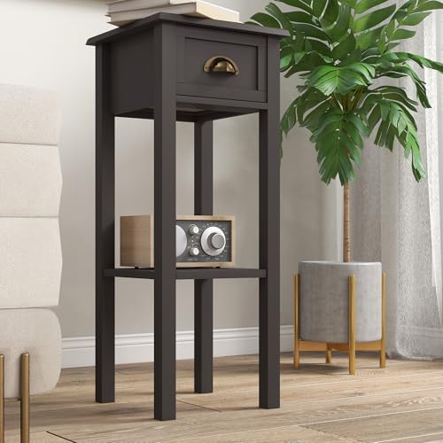 HOMCOM Narrow End Table with Drawer Slim Side Table for Small Spaces Coffee | Tall Telephone Table, Skinny Modern Design, for Small Spaces, Living Room - color: Coffee