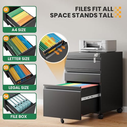 3 Drawer Mobile File Cabinet with Lock,Under Desk Rolling File Cabinet for Home Office Fits Legal/Letter/A4 File (Unassembled,Black) - color: Black, size: 14.6"W x 24.4"H x 17.3"D