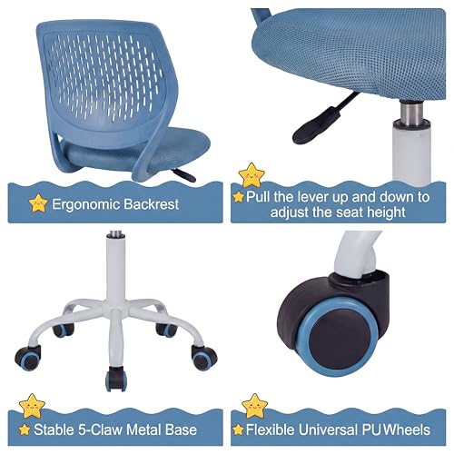 Costzon Kids Desk Chair, Armless Height Adjustable Kids Computer Chair w/Elastic Sponge Filling, Ergonomic Backrest & Sturdy 5-Point Wheels, Children Rolling Swivel Chair for Studyroom (Blue) - color: Blue