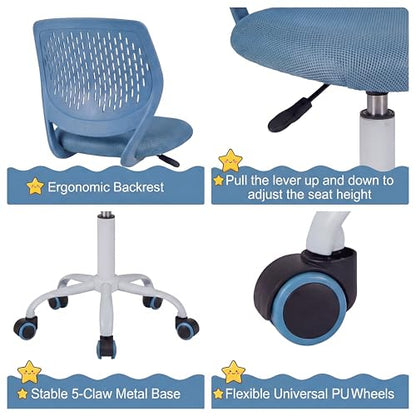 Costzon Kids Desk Chair, Armless Height Adjustable Kids Computer Chair w/Elastic Sponge Filling, Ergonomic Backrest & Sturdy 5-Point Wheels, Children Rolling Swivel Chair for Studyroom (Blue) - color: Blue