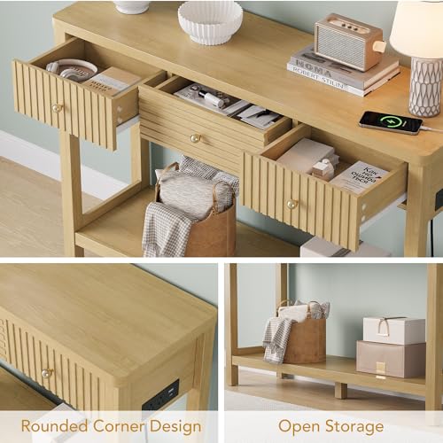 47 Inch Fluted Console Table with Outlets and USB-C Port, Mid Century Modern Sofa Table with 3 Drawers and Open Shelf, Entryway Table with Charging Station for Behind Couch, Hallway, Foyer, Oak