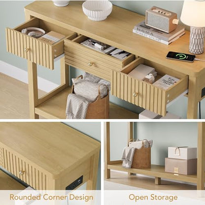 47 Inch Fluted Console Table with Outlets and USB-C Port, Mid Century Modern Sofa Table with 3 Drawers and Open Shelf, Entryway Table with Charging Station for Behind Couch, Hallway, Foyer, Oak