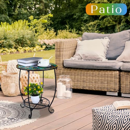 Cinnvoice Outdoor Side Table Round Small Mosaic Patio Accent Indoor End Plant Coffee Tea Table for Yard Patio Porch Garden Living Room, Bedroom(Butterfly Style,18 Inch) - size: 18 Inch, style: Butterfly Style