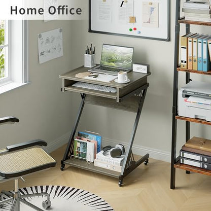 ALISENED 23.6" Z-Shaped Computer Desk for Small Spaces with Keyboard Tray, Wheels and Bottom Shelves, Compact Space-Saving Home Office Workstation, Grey - color: Grey