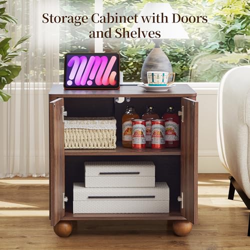 Samll Square Side Table with Charging Station, Mid Century Modern Nightstand with Storage for Bedroom Bed, Small Accent Table with Doors for Living Room Couch Sofa Chair, Office Desk - Walnut - size: Walnut-door